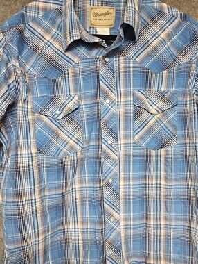 Wrangler Western Shirt Mens Blue Plaid Pearl Snap Long Sleeve Cowboy